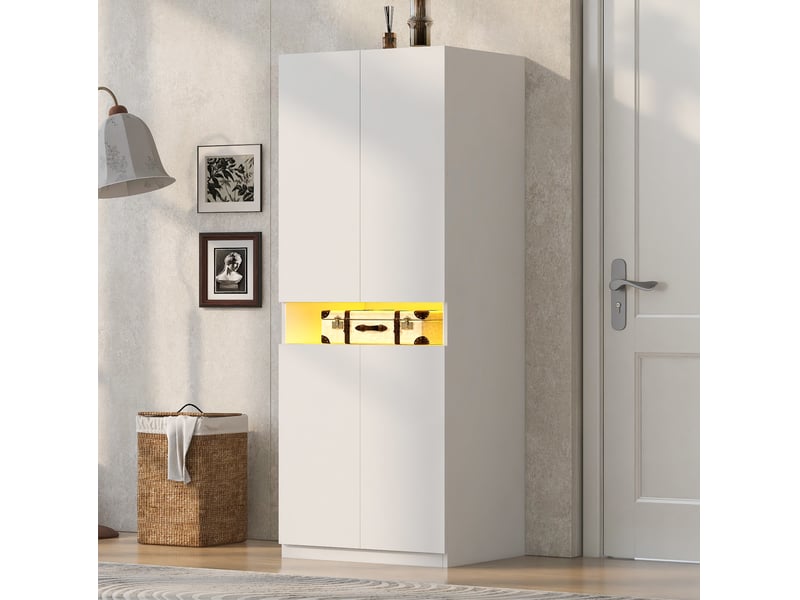  Armoire 2 portes avec niche éclairée par led et penderie, rangement pour chambre, blanche, 70 × 55 × 180 cm  - Conforama C