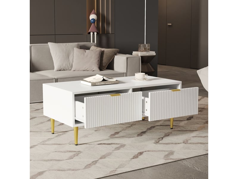  Table basse 100x50, design blanc et doré table basse salon, 2 tiroirs rangement intégré, structure métal doré  - Conforama A