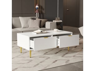 Table basse 100x50, design blanc et doré table basse salon, 2 tiroirs rangement intégré, structure métal doré