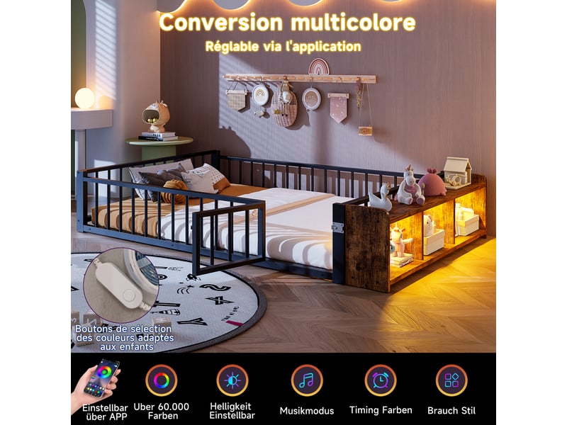  Lit en métal 140x200 noir avec rangement et led, cadre de lit 140x200 sans matelas, lit enfant avec barrière de sécurité.  - Conforama R