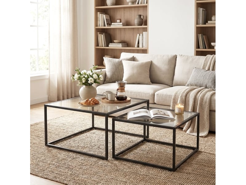  Tables basses gigognes lot de 2 avec plateaux en verre trempé, structure en métal noir et pieds réglables pour salon  - Conforama C
