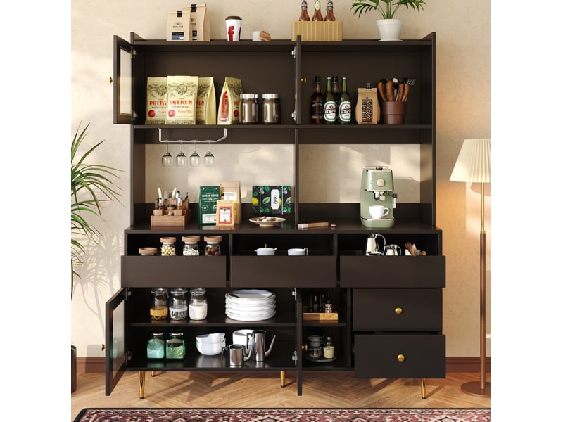  Buffet haut 145 x 39 x 171 cm en mdf, portes en verre strié, noir et doré  - Conforama D