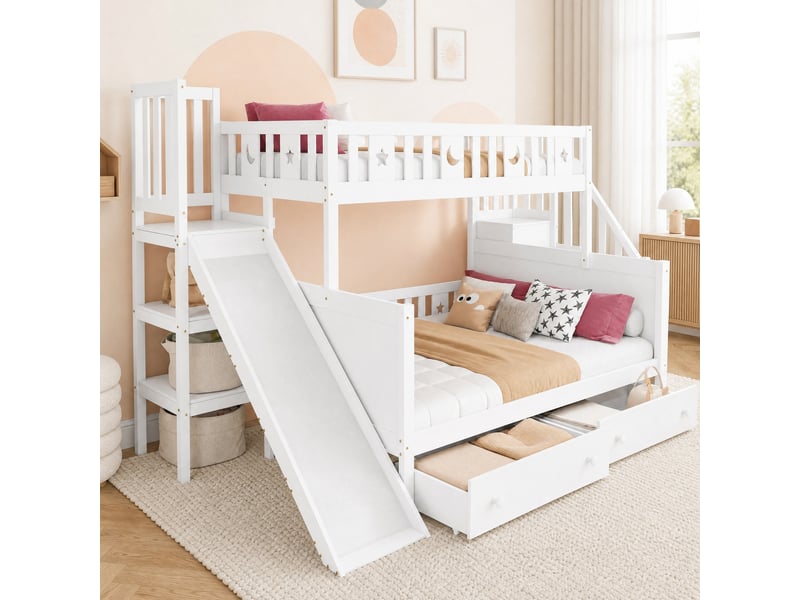  Lit superposé enfant 90x200140x200 cm avec toboggan et rangements, blanc  - Conforama B