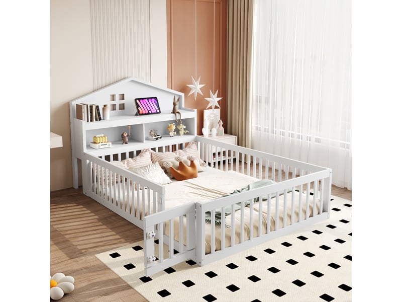  Lit enfant 140x200 cm avec étagère, tableau noir, garde-corps et sommier, forme de maison, bois blanc, sans matelas  - Conforama W