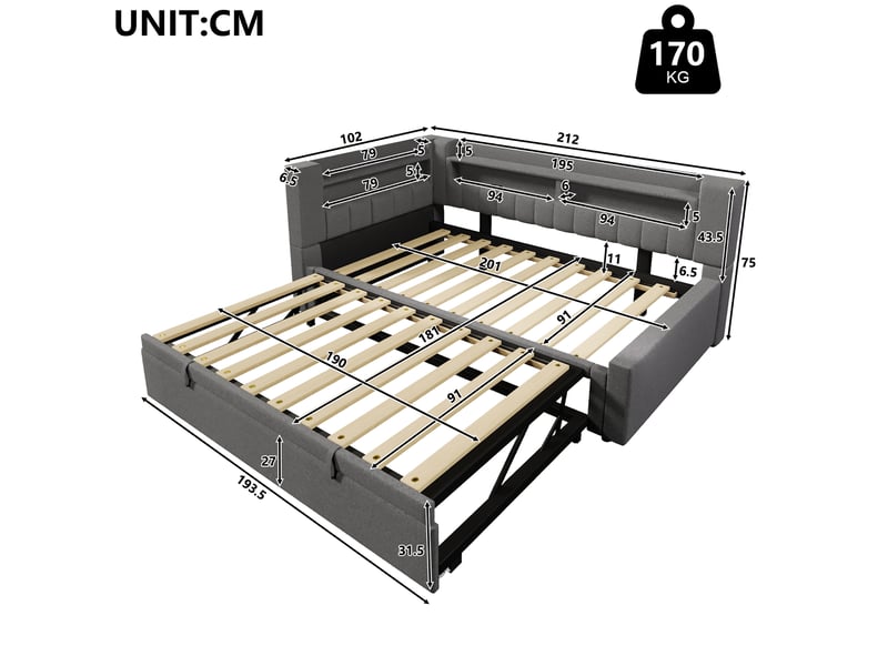 Lit gigogne convertible 90180x200 cm avec led et usb-c, tissu lin gris, structure mdf, sans matelas - Conforama C
