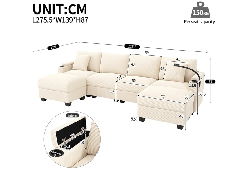  Canapé modulable u, canapé grand salon, 275,5x139x87 cm, 6 personnes, velours côtelé, structure bois massif et métal, équipé de port usb, support téléphone, porte-gobelet, coffre de rangement, housses déhoussables, beige  - Conforama E