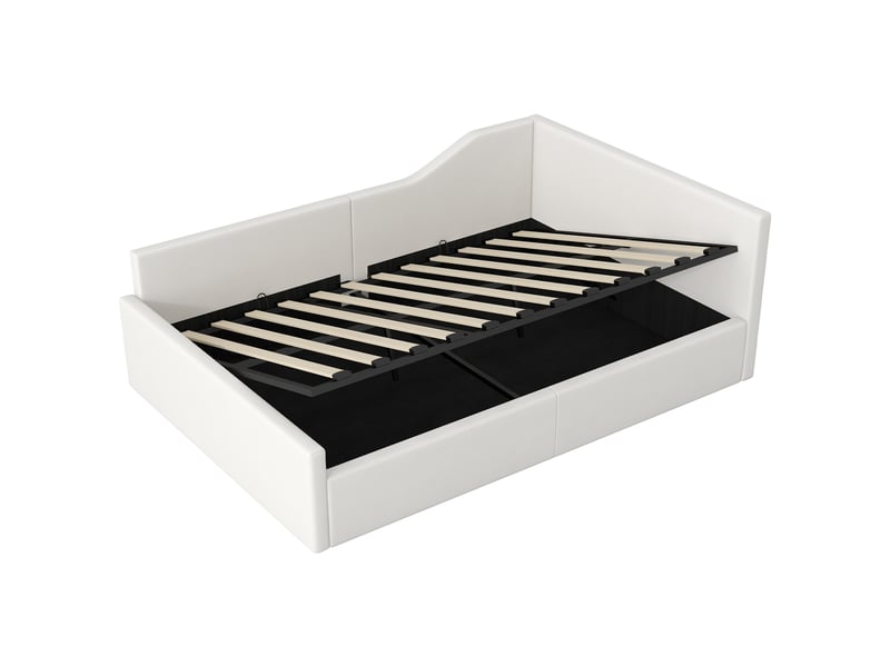  Lit coffre 140x200 cm avec tête de lit et rangement, lin, beige, sans matelas  - Conforama D