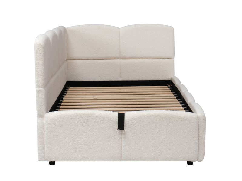  Lit coffre banquette 90x200 cm en tissu bouclé beige avec ports usb  - Conforama R