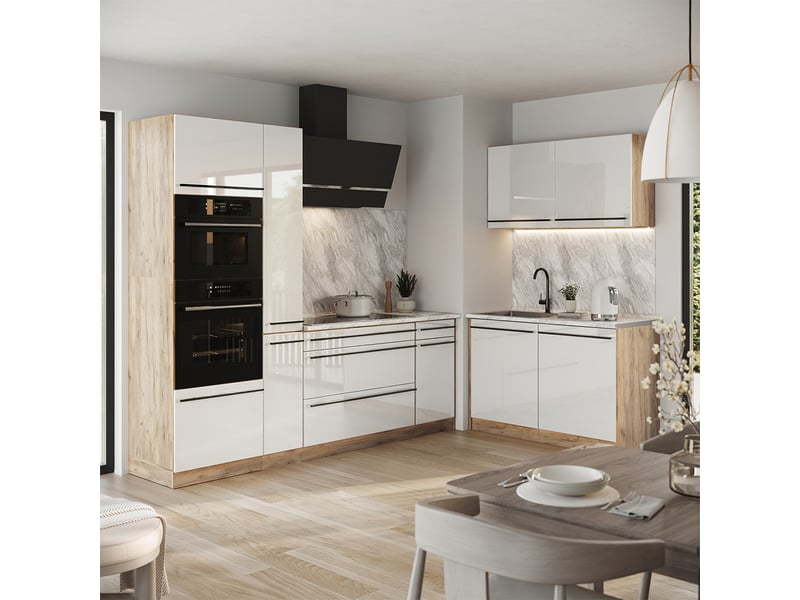Vicco cuisine en angle, blanc haute brillancechêne doré, 230 x 120 cm plan de travail chêne doré - Conforama C