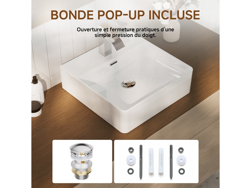 Cecipa max lavabo 42 x 42 cm - céramique - rectangulaire - avec bonde pop-up - avec espace de pose - pour pose sur plan et fixation murale - blanc - Conforama D