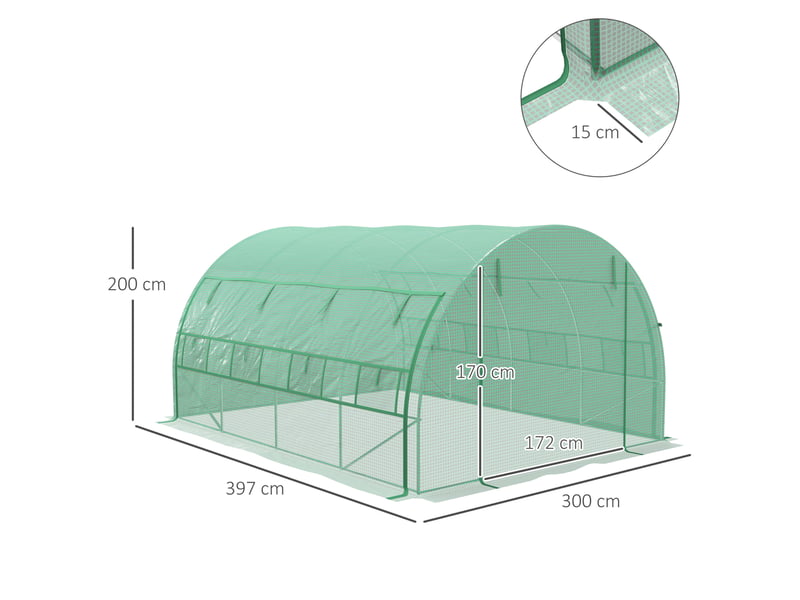 Serre de jardin tunnel 397x300x200 cm – verte – 8 fenêtres enroulables, porte zippée et protection uv - Conforama C
