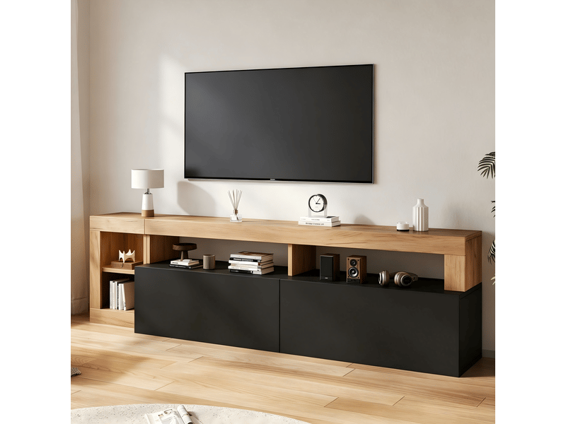 Meuble tv 184x42x58 cm, pour tv jusqu’à 80 pouces, led, 2 portes abattantes, rangements ouverts, passe-câbles, panneau de particules, noir et bois OMNIGLINT TRADING LTD - Conforama B