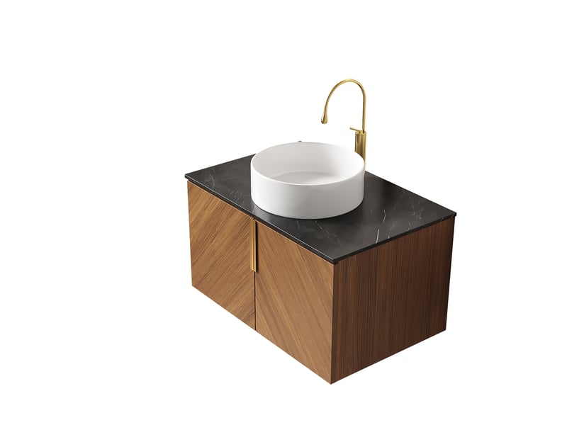 Meuble sous vasque avec 2 portes, vasque ronde en céramique et plateau en pierre frittée pour salle de bain, 76 cm - Conforama A