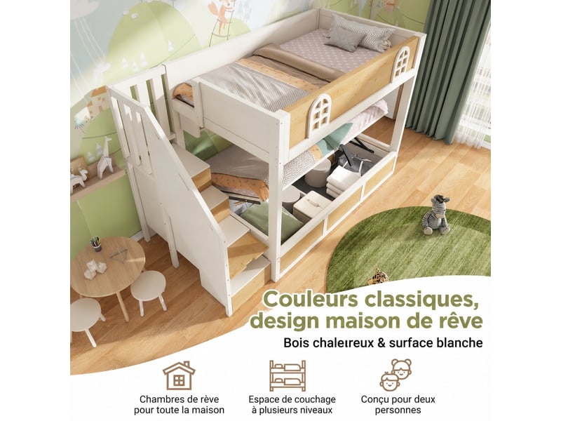 Lit superposé avec escalier et rangement, coffre, blanc et naturel, 90 x 200 cm - Conforama D