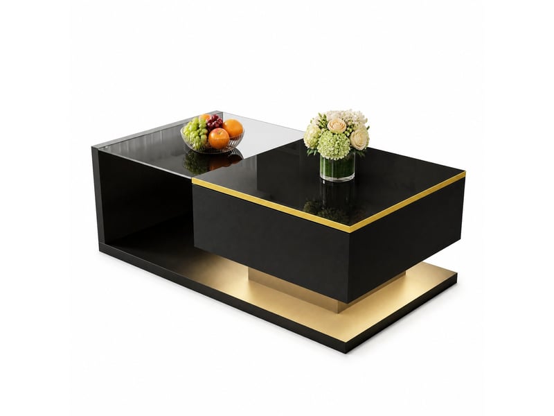  Table basse avec rangement et led pour salon 90×50×32,5 cm en panneaux de particules noir  - Conforama A