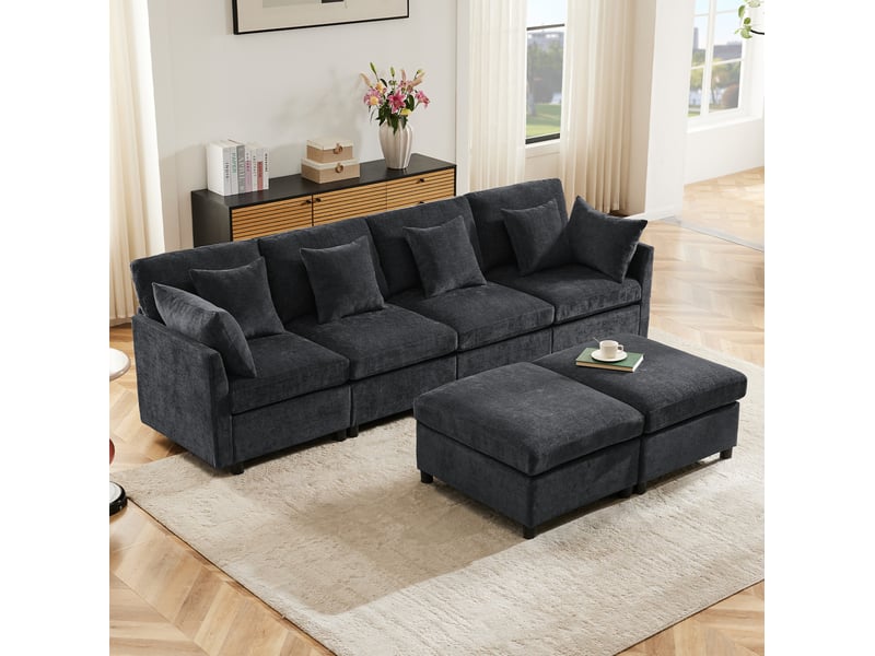 Canapé modulaire en u 278x161x81cm, 2 poufs inclus, meuble de salon, structure en bois et métal, tissu chenille, gris - Conforama E