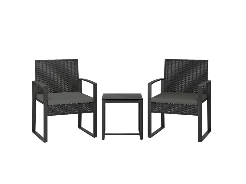  Rattan bistroset, set de 3 pièces pour le jardin, 2 chaises et table basse, kissen démontrables gris foncé  - Conforama A