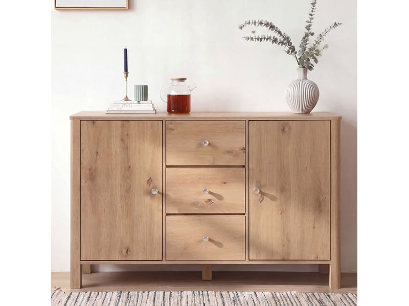  Buffet de rangement 120x40x80 cm, trois tiroirs et deux portes, panneaux de particules, couleur bois, style naturel  - Conforama D