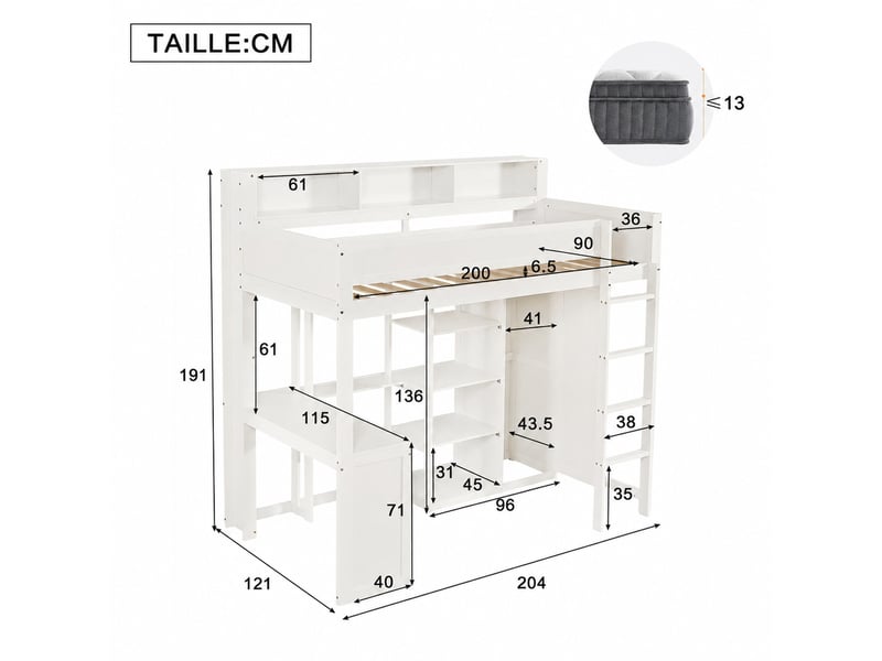  Lit mezzanine, lit simple avec bureau, armoire, étagères et barrières, 200x90 cm, sans matelas, blanc  - Conforama D