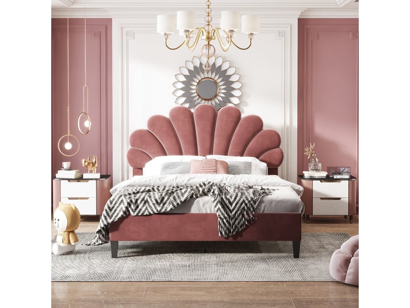  Lit capitonné 140x200cm avec tête de lit à design floral, style tendance, sans matelas, velours, rouge haricot  - Conforama E