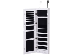 Armoire à bijoux suspendue au mur ou à la porte avec miroir, led, 5 étagères, 2 tiroirs, effet bois grisé, 37x10x120cm