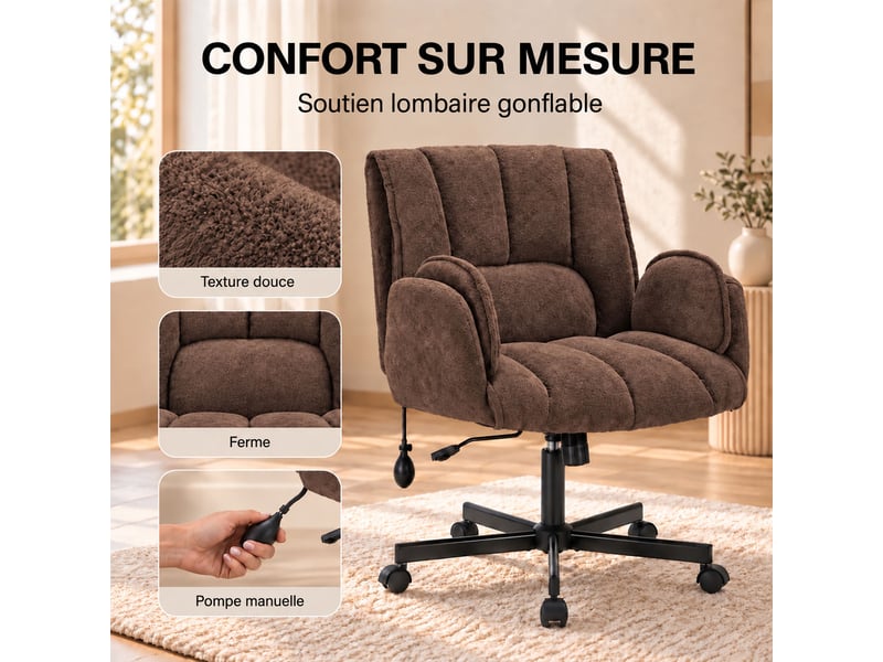 Fauteuil ergonomique tissu accoudoirs rabattables, coussin lombaire gonflable, assise large, pivot 360° 150kg-marron - Conforama E