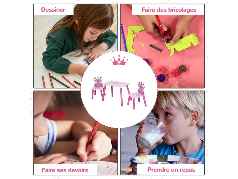  Ensemble table et 2 chaises enfant 3 pièces, pieds en bois massif, table enfant avec chaise motif couronne, rose, pour filles et garçons de 2 à 4 ans  - Conforama E