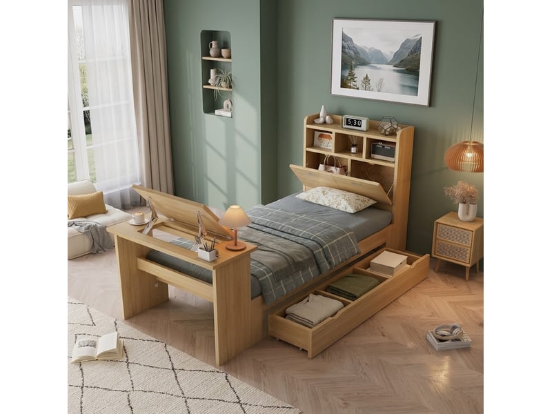  Lit simple enfant 90x200 cm – naturel – rangement, tiroir réversible et table rabattable – sans matelas  - Conforama B