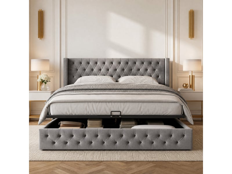  Lit coffre tcqpz 140 x 190 cm capitonné en flanelle gris avec rangement hydraulique  - Conforama B