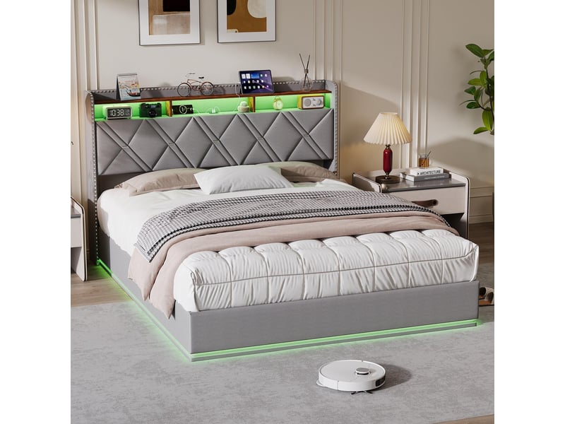  Lit coffre 160x200 cm - lit double 160x200 avec sommier - tête de lit escamotable avec led rgb et usbc - en lin gris  - Conforama D