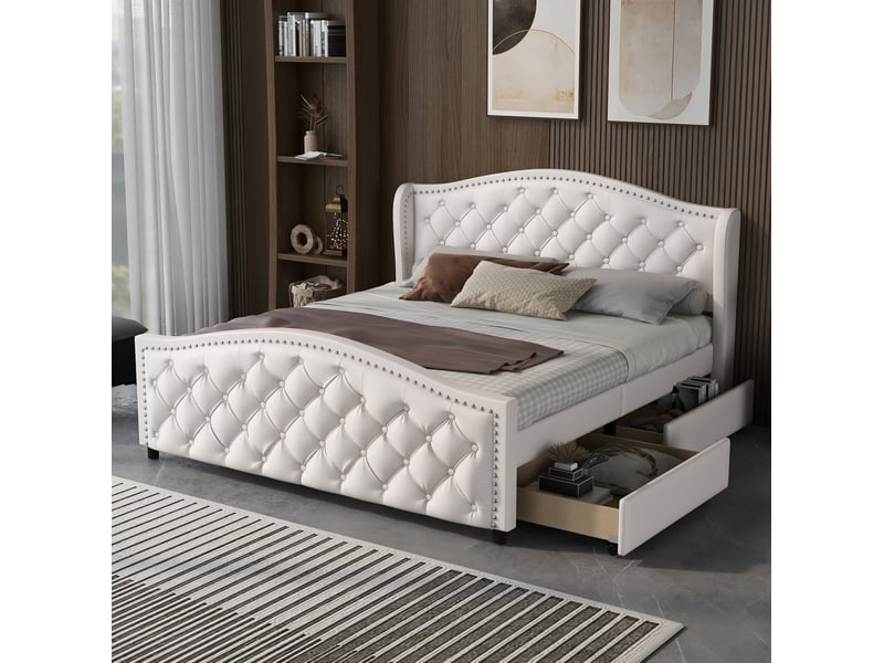  Lit double 160x200 cm avec sommier, 2 tiroirs sur roulettes et tête de lit blanche  - Conforama D