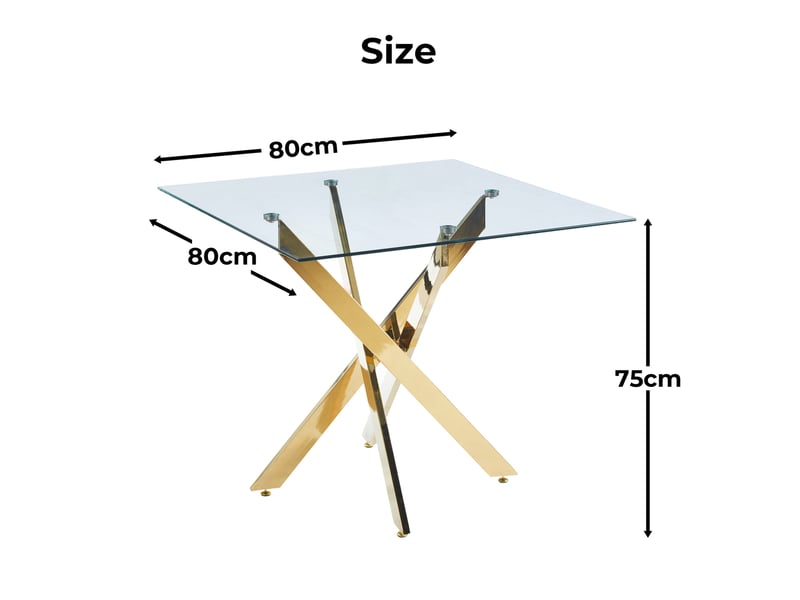  Table à manger carrée 80x80 cm en verre trempé, pieds croisés en métal doré  - Conforama C