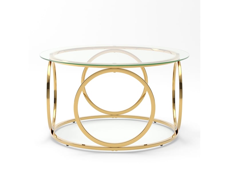  Table basse plateau en verre table de salon forme ronde cadre métal chromé finition dorée  - Conforama E