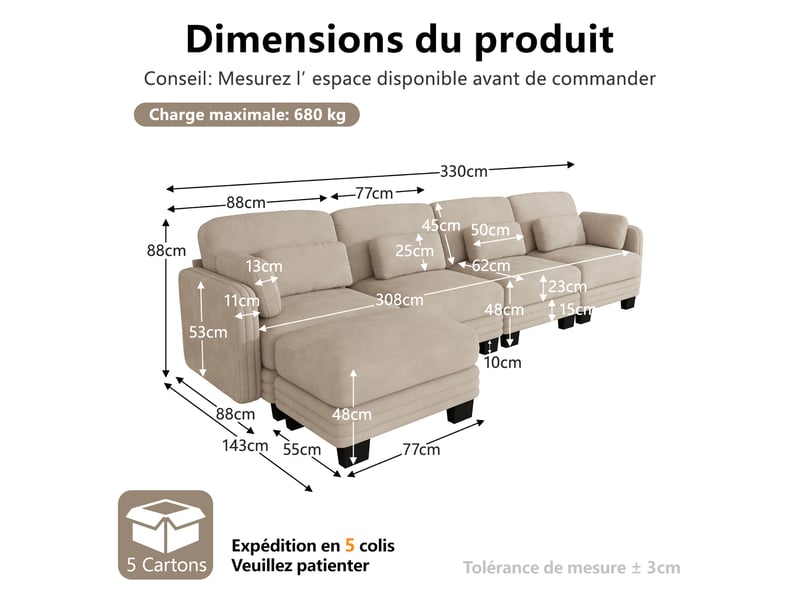 Canapé d’angle modulable 330 cm 4 places avec pouf, coussins d’accoudoir amovibles, coussins lombaires épais à soutien renforcé, chenille, marron clair - Conforama D