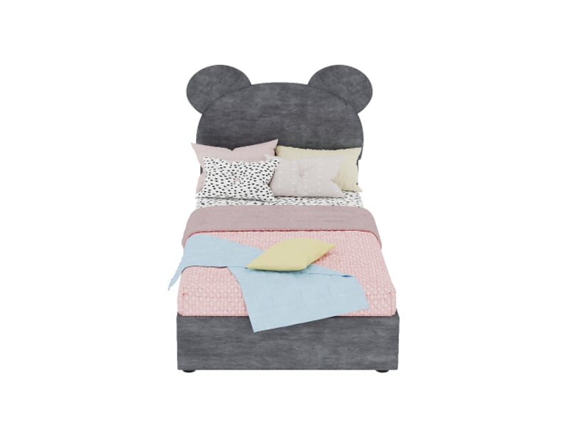  Lit enfant capitonné - 90x200 cm - gris - tête de lit dessin animé - rangement pneumatique 90x200x133cm - Conforama A