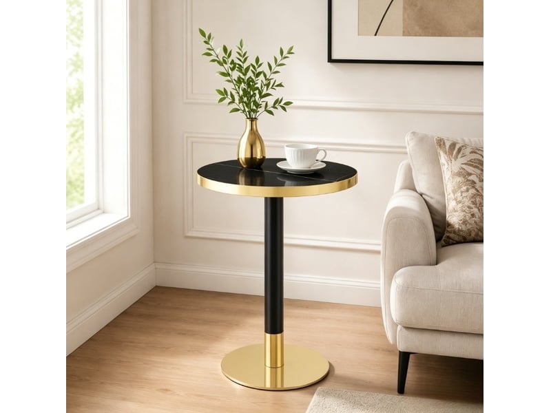 Table de salle à manger ronde avec pied central, plateau effet marbre et bord doré, en mdf et métal noir, ø 60 × 73,7 cm - Conforama C
