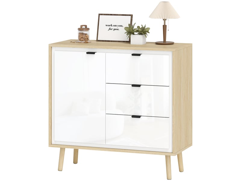  Buffet moderne avec porte, 3 tiroirs et étagère réglable pour salle à manger et entrée, 80 x 35 x 77 cm, blanc et chêne  - Conforama B