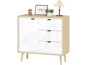 Buffet moderne avec porte, 3 tiroirs et étagère réglable pour salle à manger et entrée, 80 x 35 x 77 cm, blanc et chêne