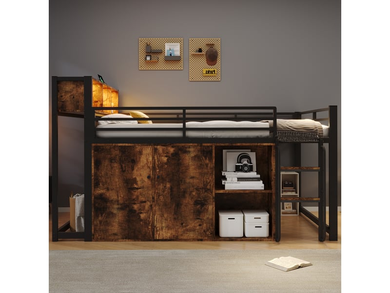  Lit mezzanine 120x200 cm avec armoire de rangement, étagères ouvertes, led et prise eu, lit surélevé en métal avec échelle, noir et effet bois Seren Glow - Conforama D