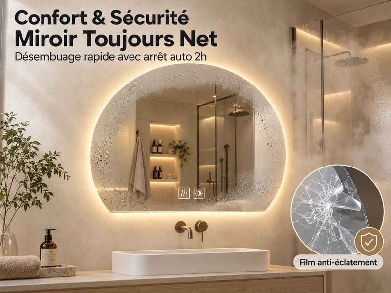  Miroir salle de bain led forme arche 60 × 53 cm, éclairage 3 couleurs à intensité variable et fonction antibuée tactile  - Conforama E