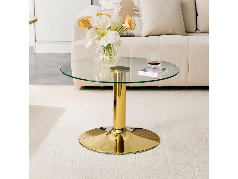  Table basse ronde avec plateau en verre trempé et piètement métallique stable, style moderne, doré, diamètre 70 cm  - Conforama B