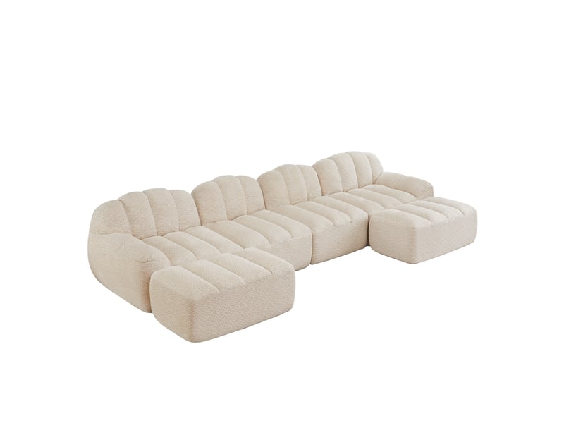  Canapé modulable u 4 places 366x165x79 cm, cassé, polaire granuleuse, mousse 32d, 2 poufs, beige  - Conforama A