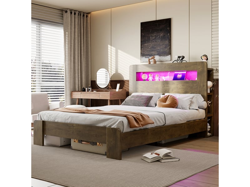  Lit plateforme bois 140 x 200 cm, tête de lit avec rangements, éclairage led et prises, coloris bois vieilli  - Conforama C