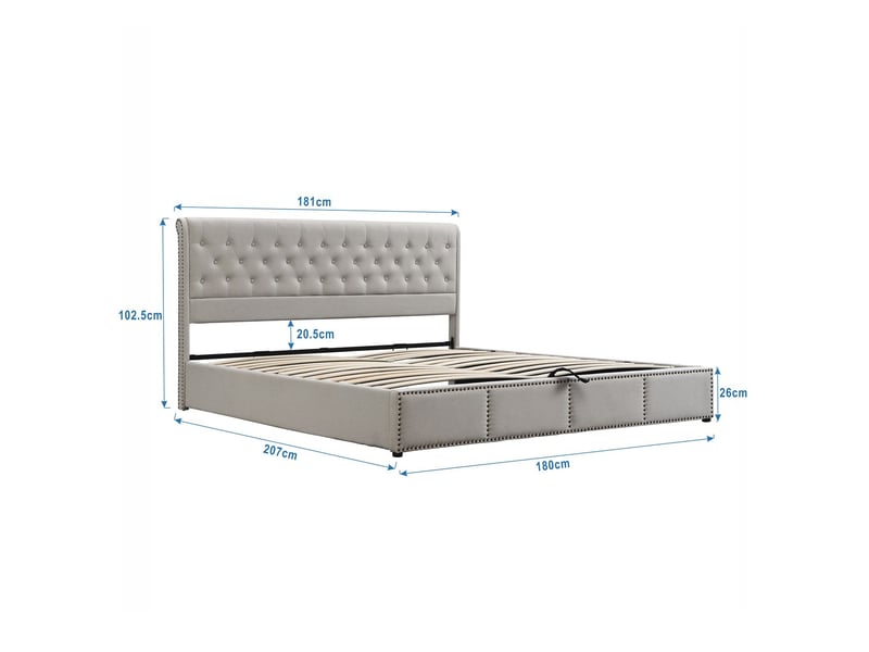  Lit coffre 180x200cm avec clous décoratifs élégants - lit rembourré - lin coton gris clair, tête de lit haute, grand rangement  - Conforama C