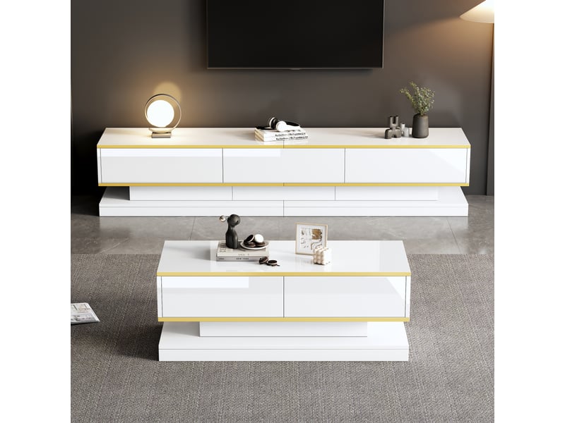 Ensemble salon blanc brillant: meuble tv, console 3 tiroirs et table basse 2 tiroirs, finitions dorées - Conforama D