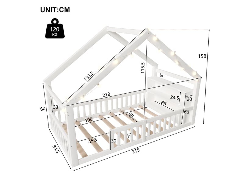  Lit simple 90x190 cm avec barrières de sécurité, lit enfant avec cadre en pin, pour 1 personne, blanc  - Conforama B