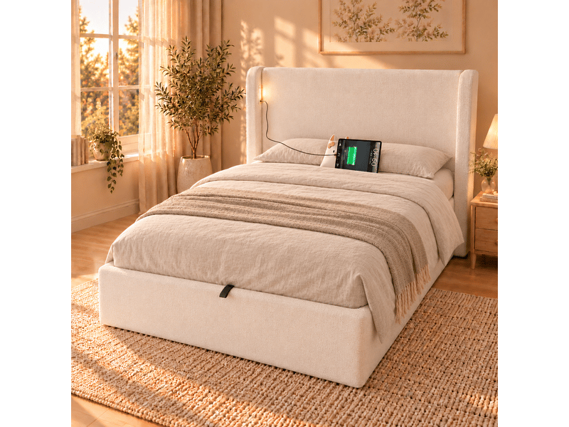  Lit coffre enfant 90x200cm avec rangement hydraulique, tête de lit rembourrée, led, ports usb et type-c, sommier à lattes, tissu bouclé, beige  - Conforama B