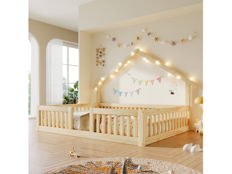  Lit enfant 140 × 200 cm 1 place avec barrières de sécurité et guirlande led, sans matelas, en bois, naturel  - Conforama C