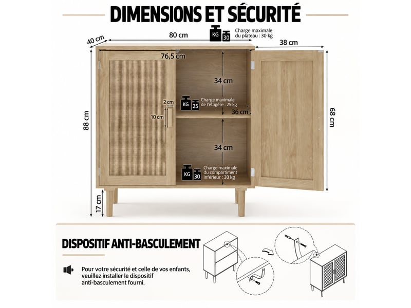  Buffet bas 80x40x88 cm naturel, 2 portes en rotin, poignées bois massif, meuble de rangement salon entrée  - Conforama C