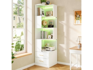 Étagère d’angle blanche avec éclairage led 45 x 45 x 165 cm, 4 niveaux ouverts et 2 tiroirs